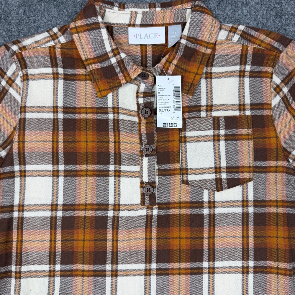The Childrens Place Girls XL 14 Plaid Flannel Shirt Dress Hay Stack Brown Orange